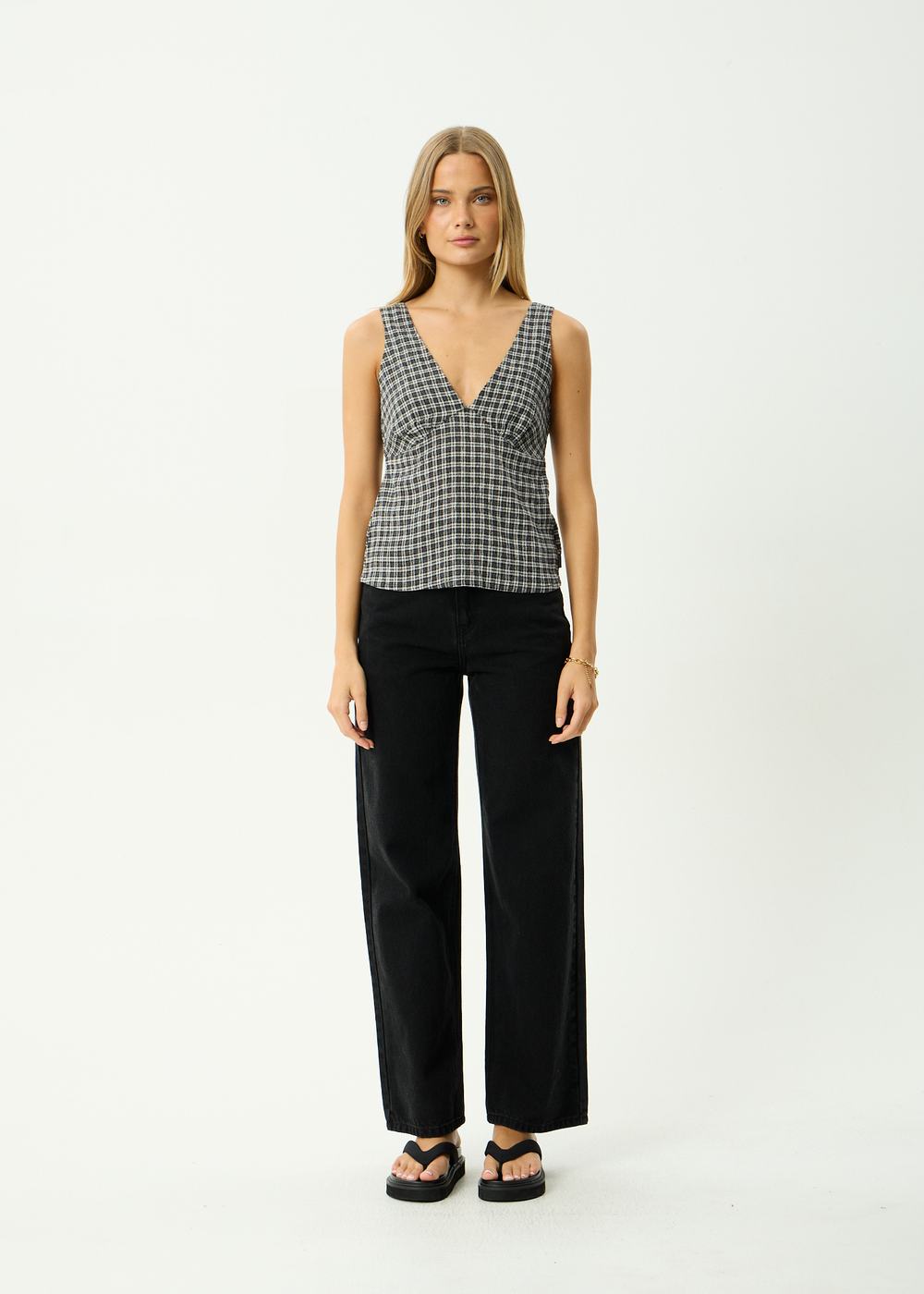Womens Seersucker Top Giselle - Asta Steel Check - AFENDS