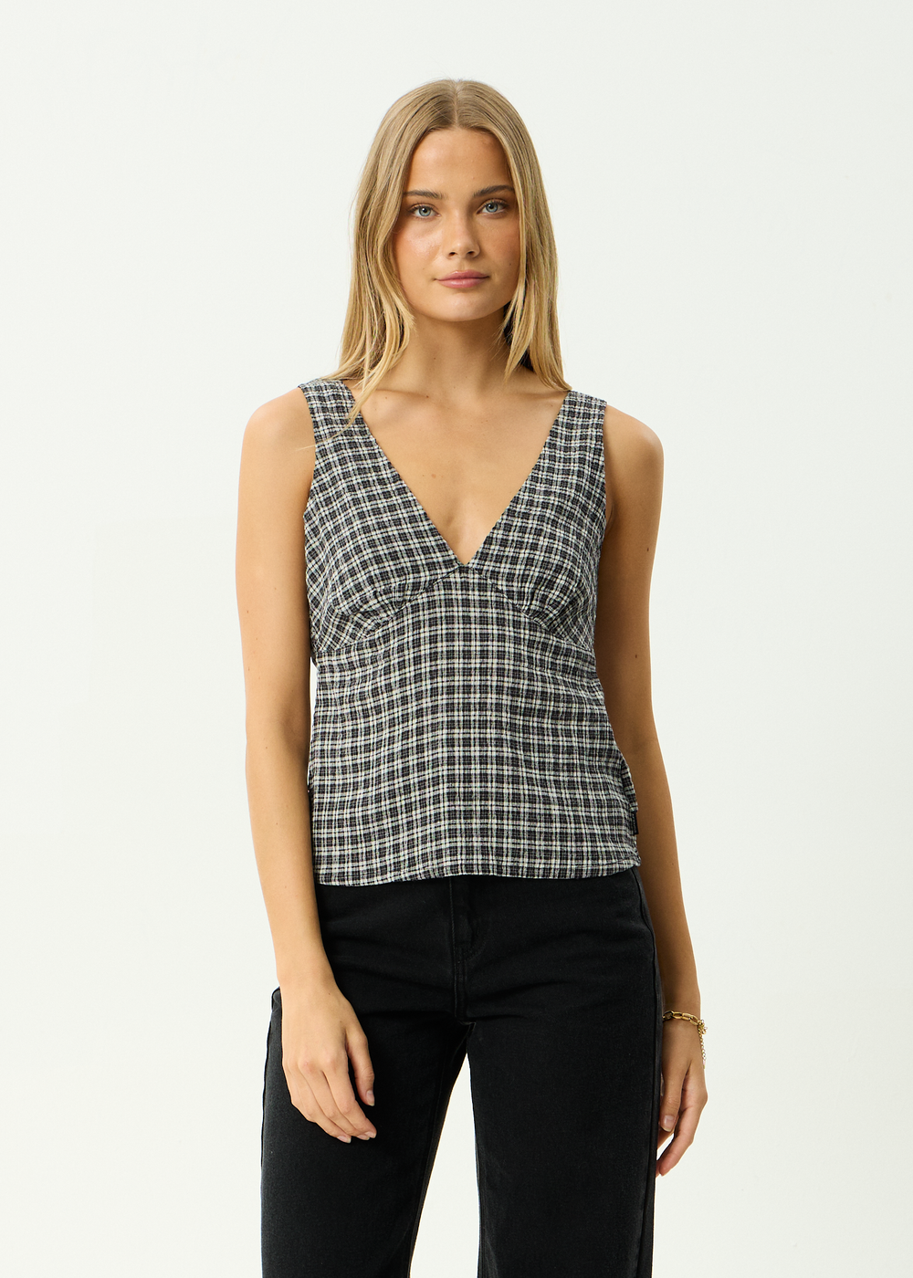 Womens Seersucker Top Giselle - Asta Steel Check - AFENDS