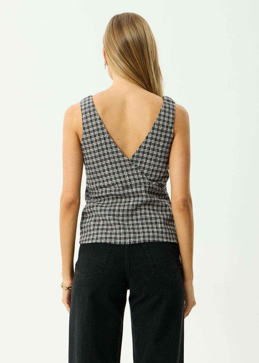 Womens Seersucker Top Giselle - Asta Steel Check - AFENDS