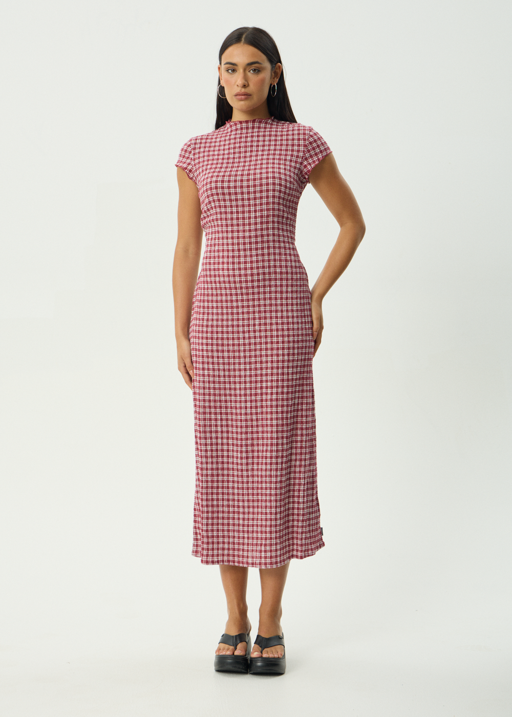 Womens Seersucker Midi Dress Elodie - Base Burgundy Check - AFENDS