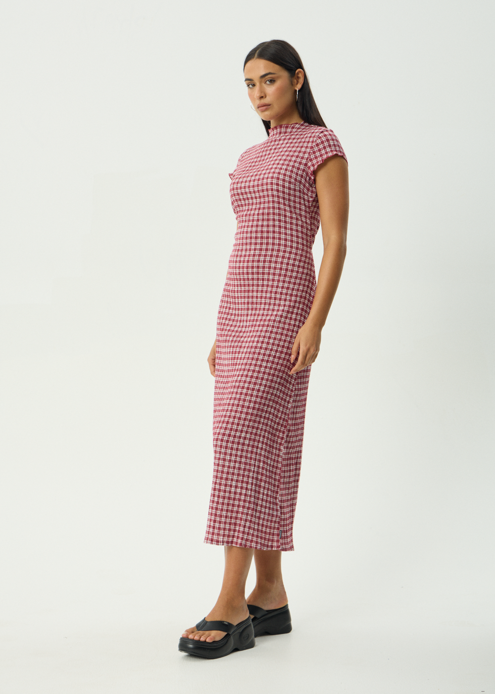 Womens Seersucker Midi Dress Elodie - Base Burgundy Check - AFENDS