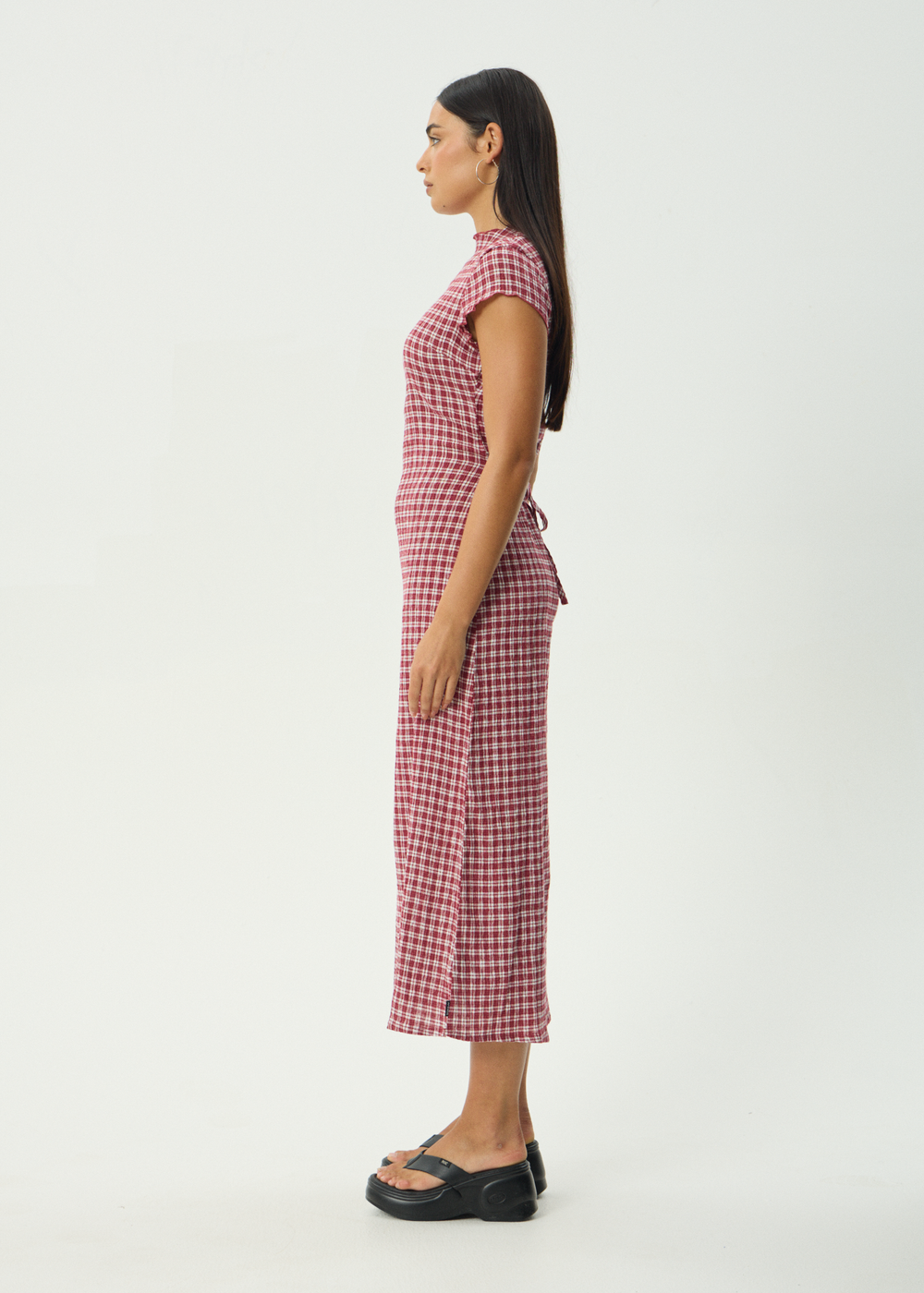 Womens Seersucker Midi Dress Elodie - Base Burgundy Check - AFENDS