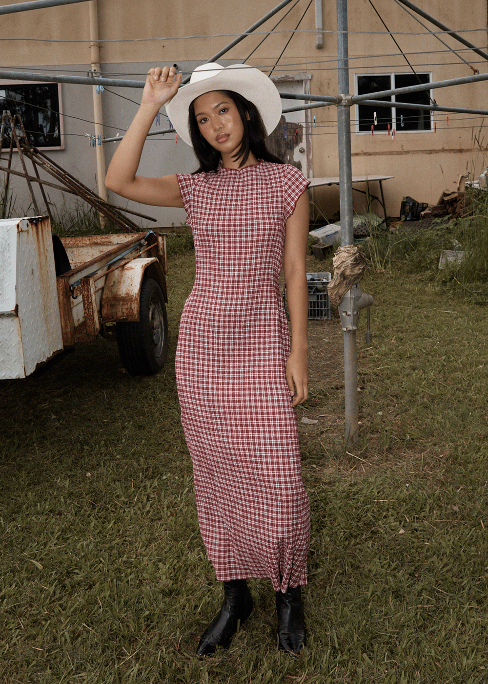 Womens Seersucker Midi Dress Elodie - Base Burgundy Check - AFENDS
