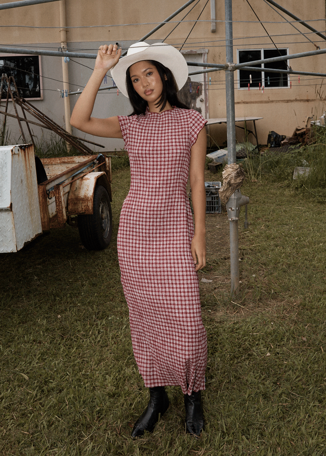 Elodie Seersucker Midi Dress – Burgundy Check