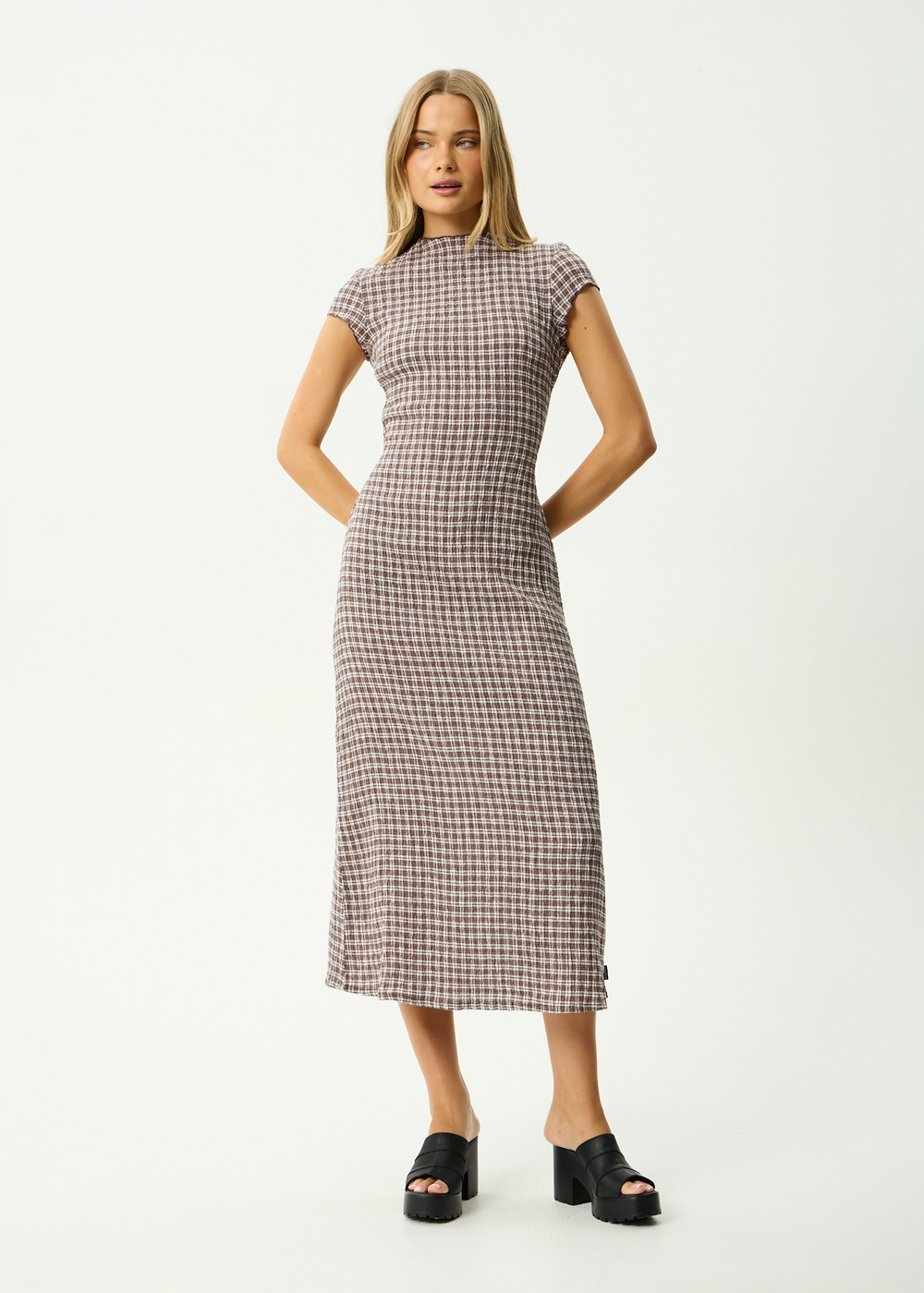 Womens Seersucker Midi Dress Elodie - Base Coffee Check - AFENDS