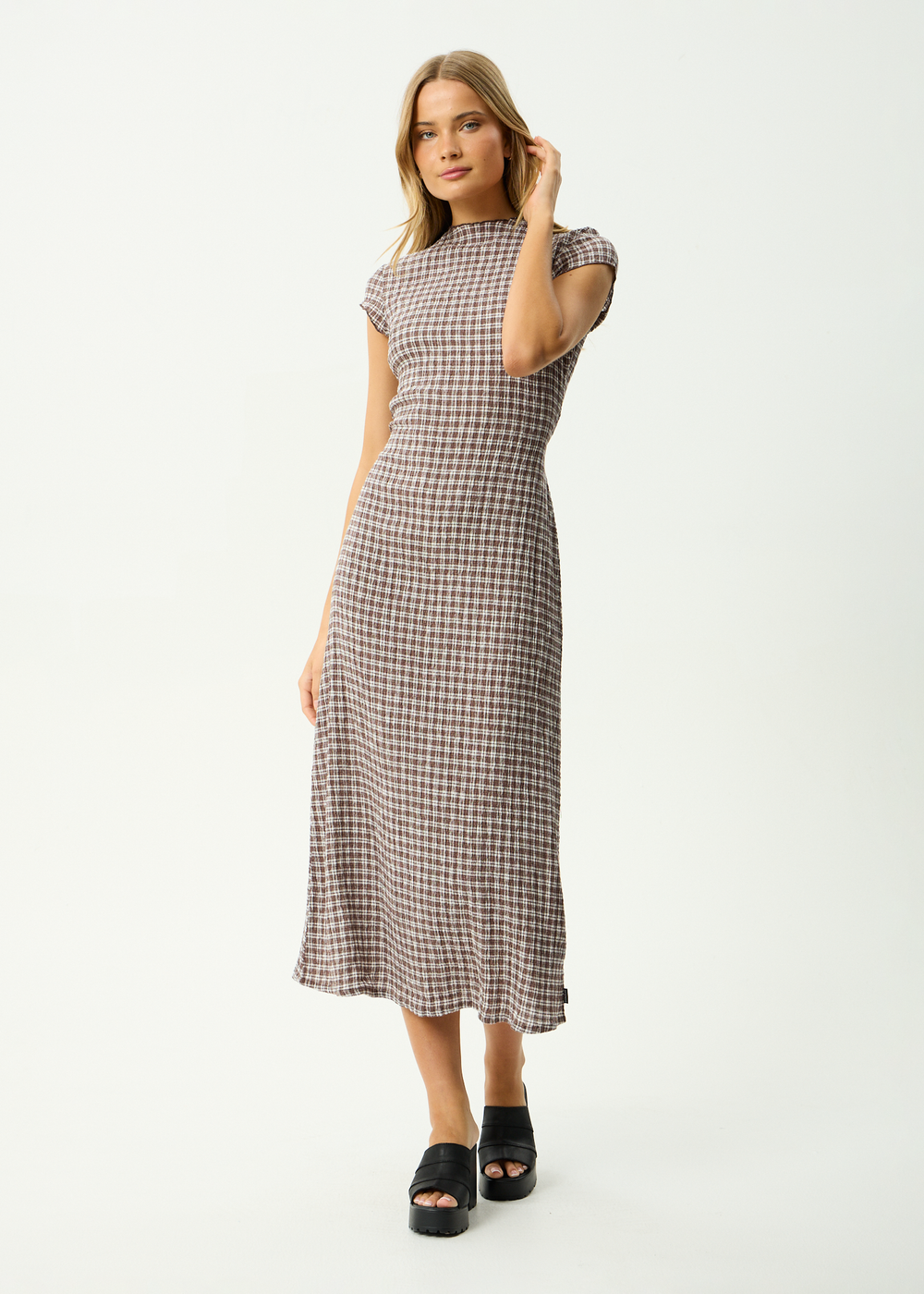 Womens Seersucker Midi Dress Elodie - Base Coffee Check - AFENDS