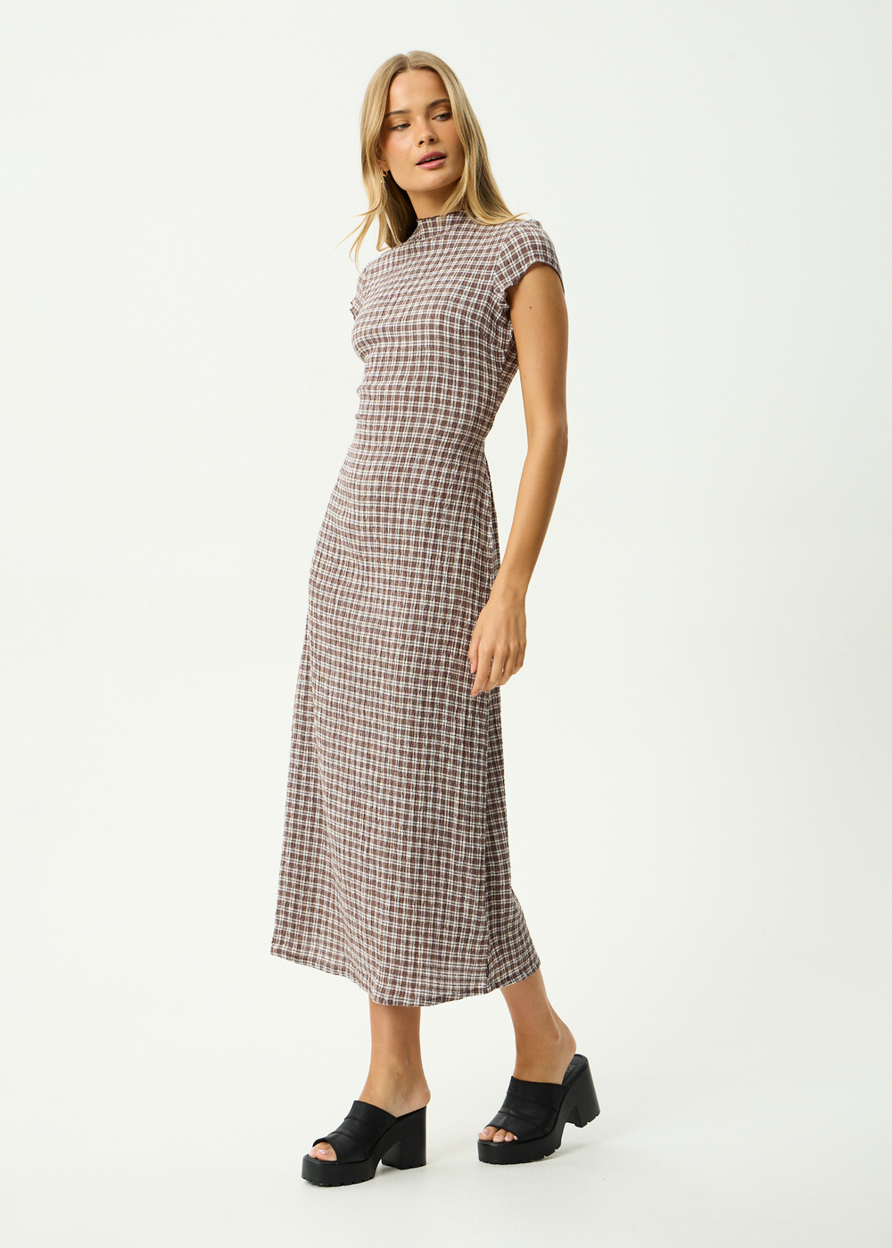 Womens Seersucker Midi Dress Elodie - Base Coffee Check - AFENDS