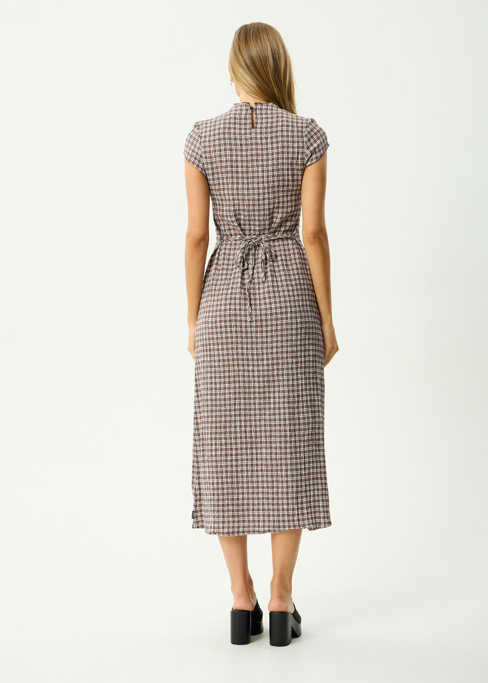 Womens Seersucker Midi Dress Elodie - Base Coffee Check - AFENDS