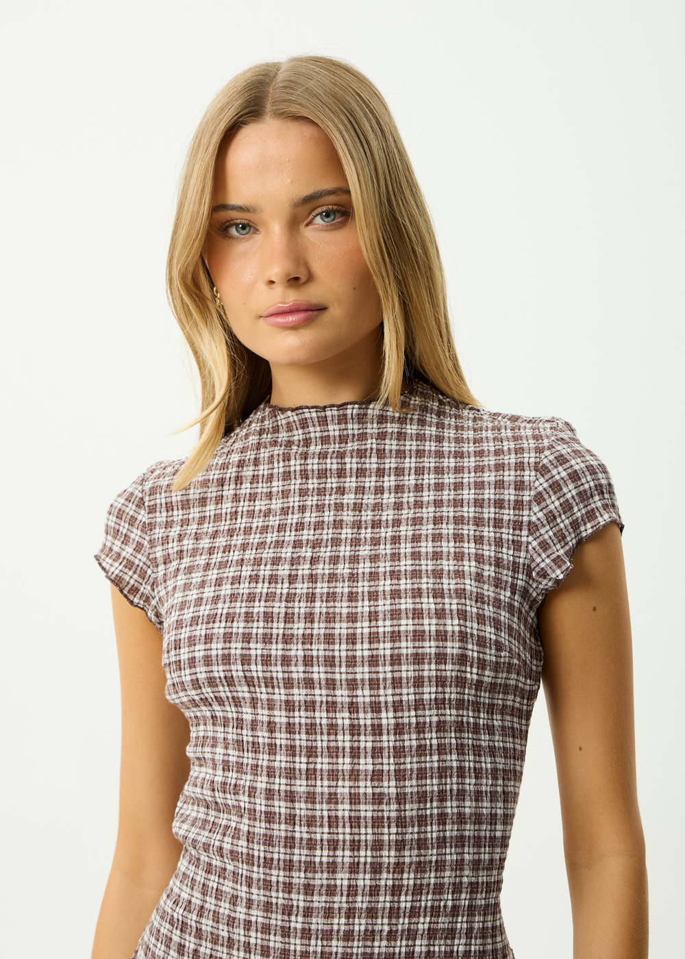 Womens Seersucker Midi Dress Elodie - Base Coffee Check - AFENDS