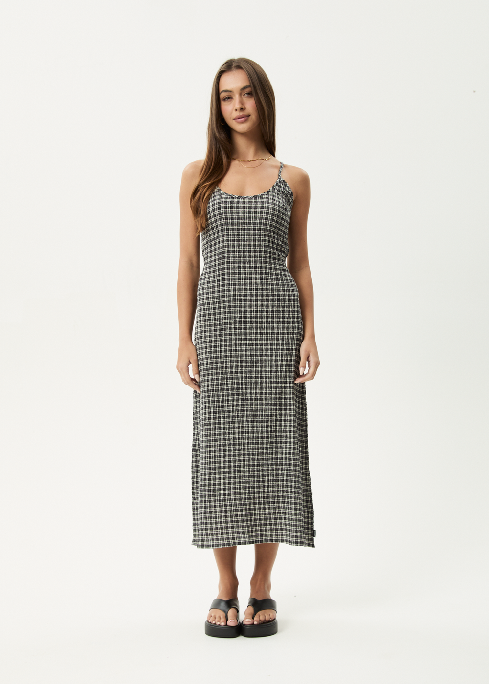 Womens Seersucker Midi Dress Rumi - Steel Check - AFENDS