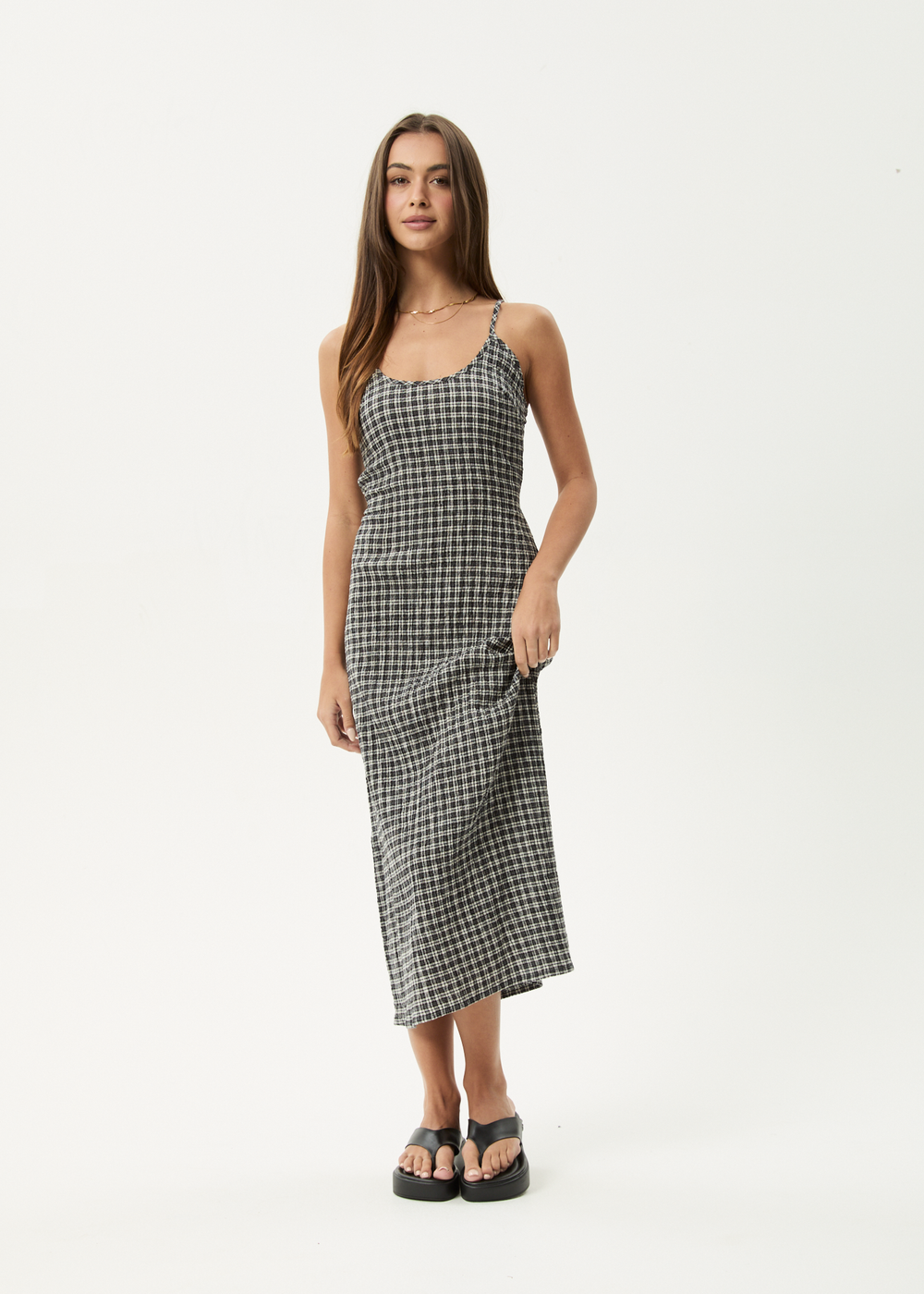 Womens Seersucker Midi Dress Rumi - Steel Check - AFENDS