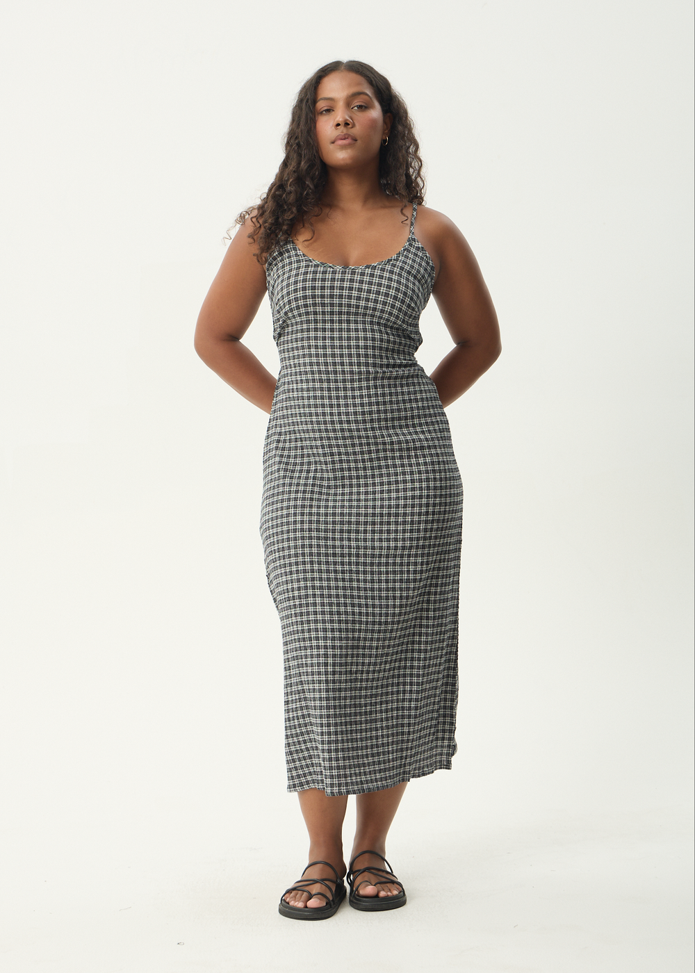 Womens Seersucker Midi Dress Rumi - Steel Check - AFENDS