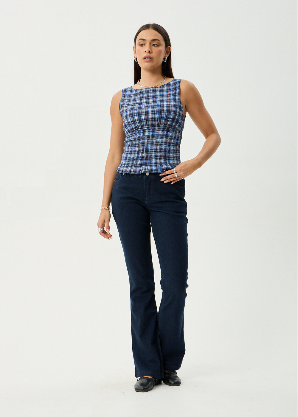 Womens Seersucker Sleeveless Top Mountains - Navy Red Check - AFENDS