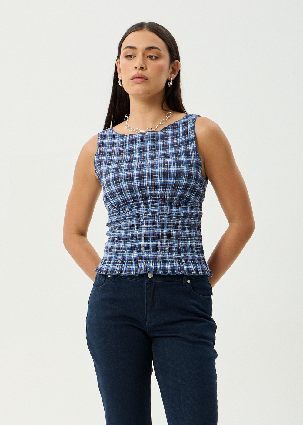 Womens Seersucker Sleeveless Top Mountains - Navy Red Check - AFENDS