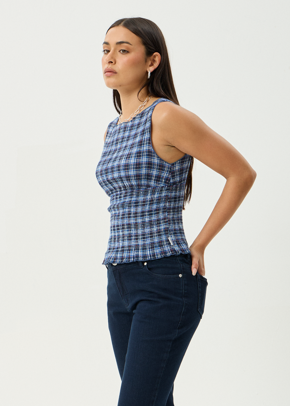 Womens Seersucker Sleeveless Top Mountains - Navy Red Check - AFENDS