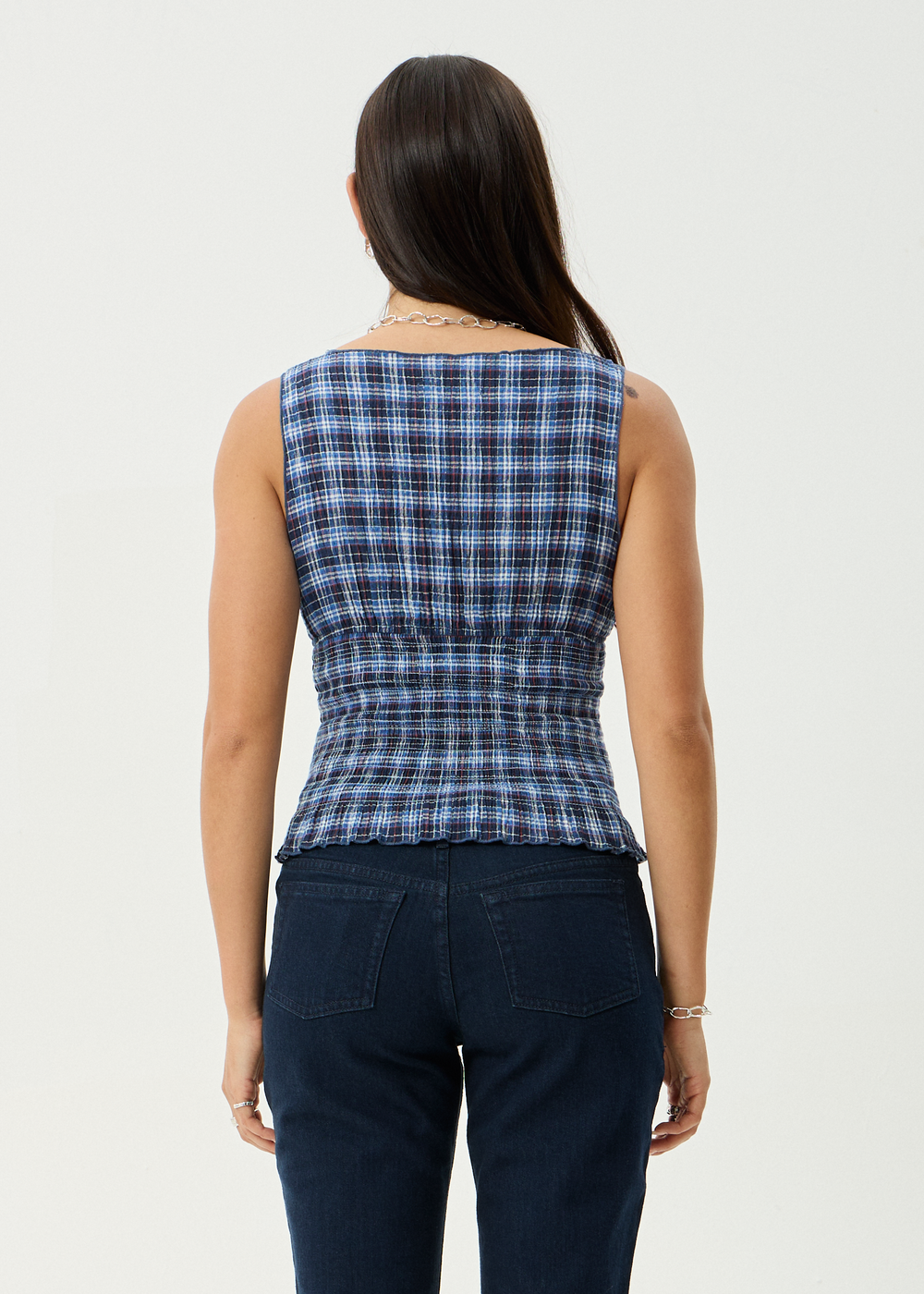 Womens Seersucker Sleeveless Top Mountains - Navy Red Check - AFENDS