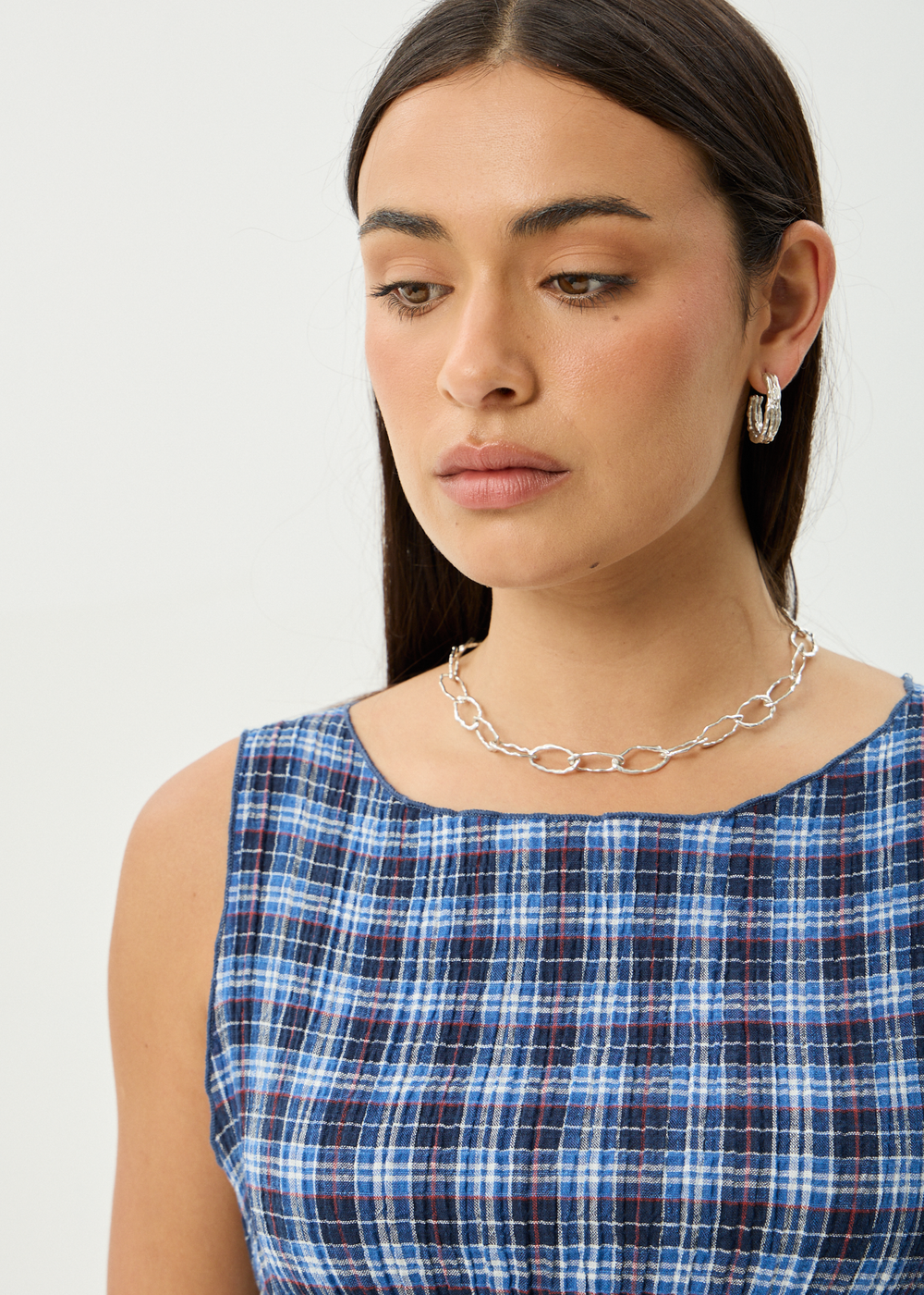 Womens Seersucker Sleeveless Top Mountains - Navy Red Check - AFENDS