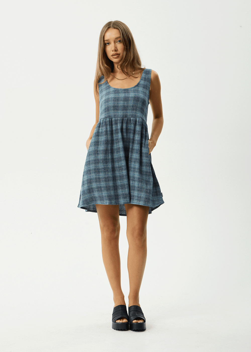 Womens Seersucker Mini Dress Jesse - Navy Check - AFENDS