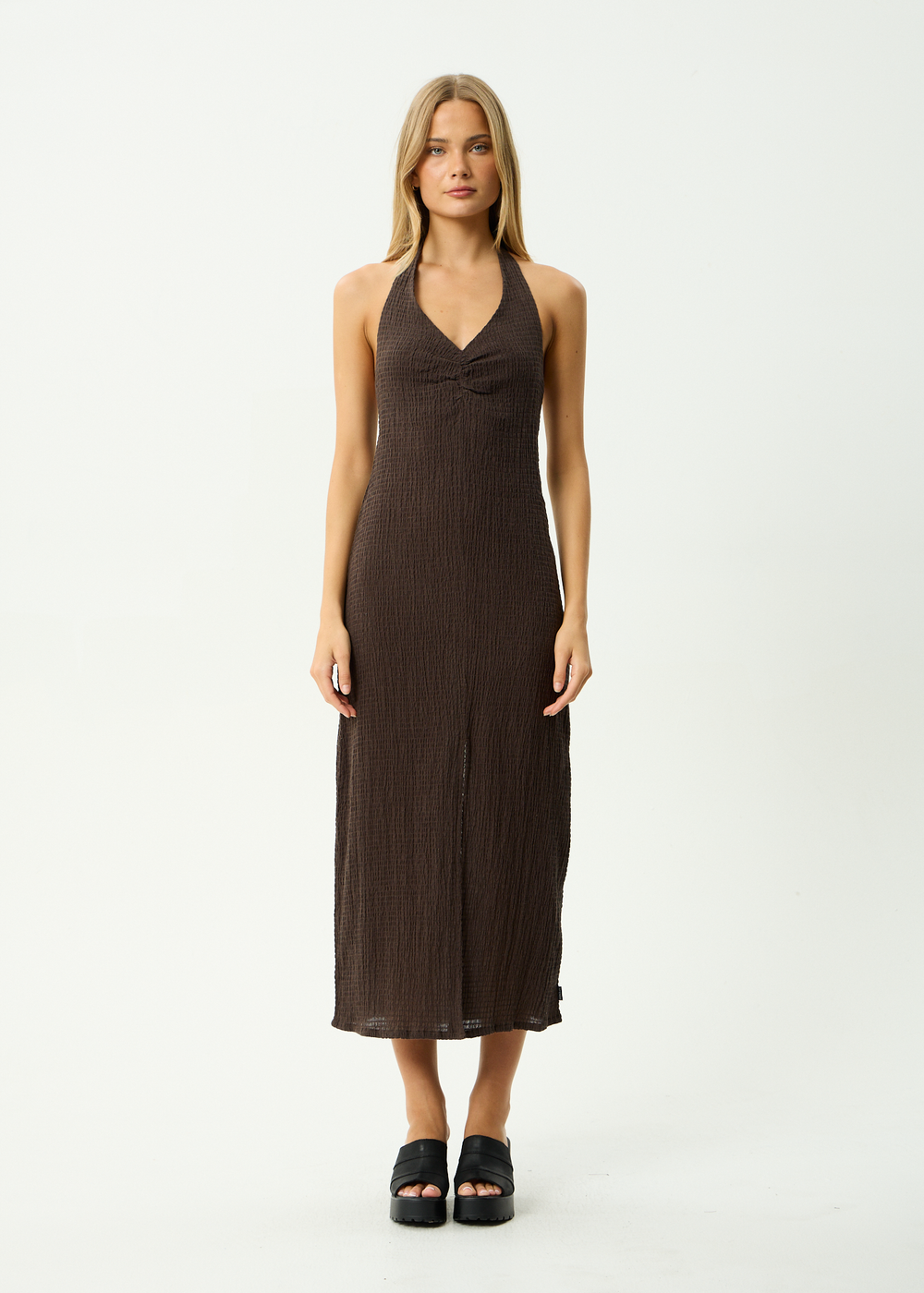 Womens Seersucker Halter Maxi Dress Andy - Coffee - AFENDS