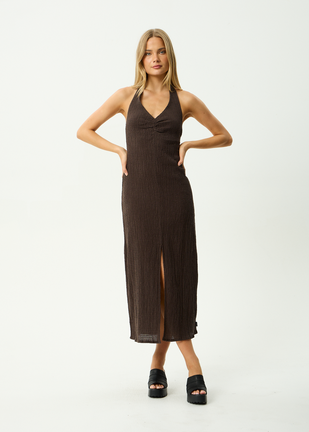 Womens Seersucker Halter Maxi Dress Andy - Coffee - AFENDS