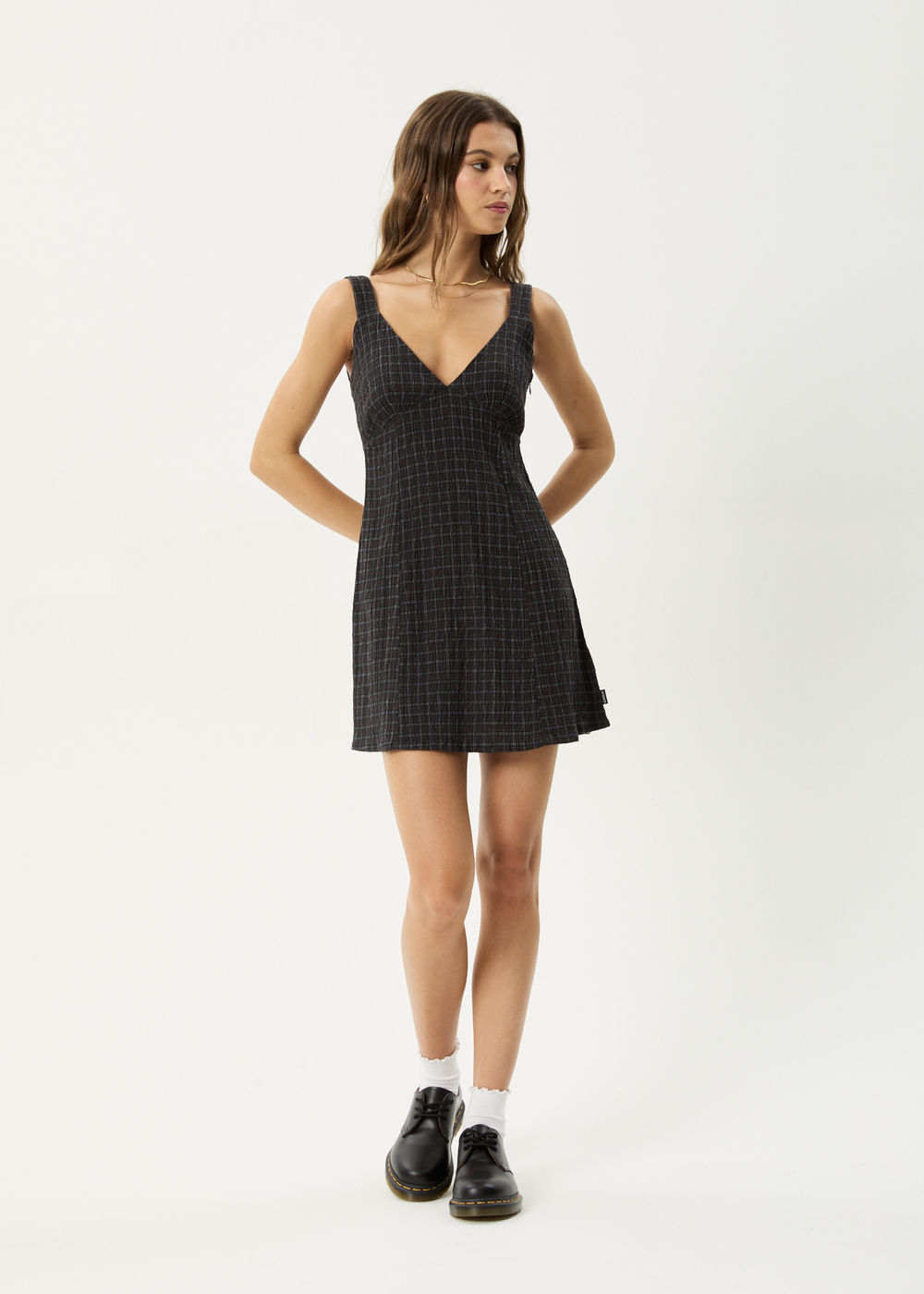 Womens Seersucker Check Mini Dress Dusk - Black Check - AFENDS