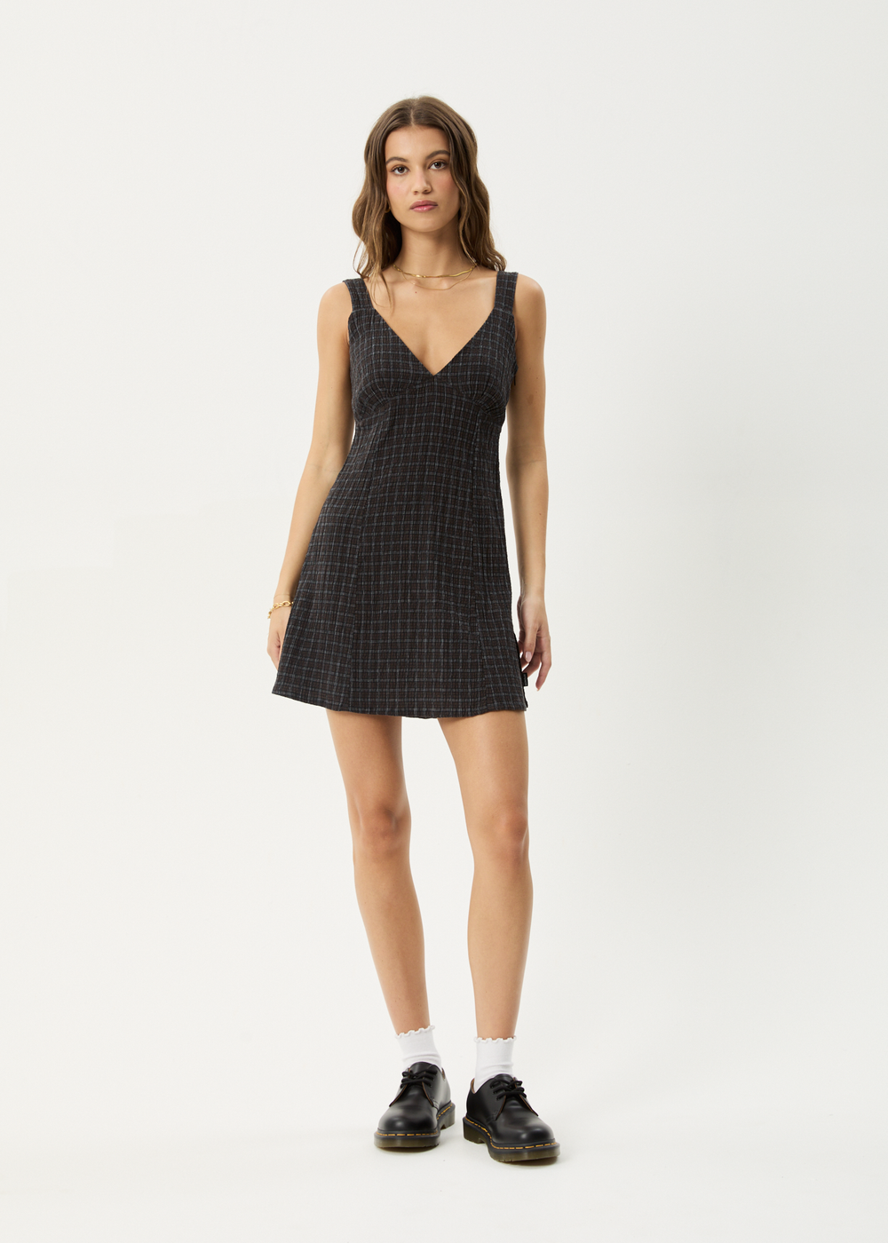 Womens Seersucker Check Mini Dress Dusk - Black Check - AFENDS