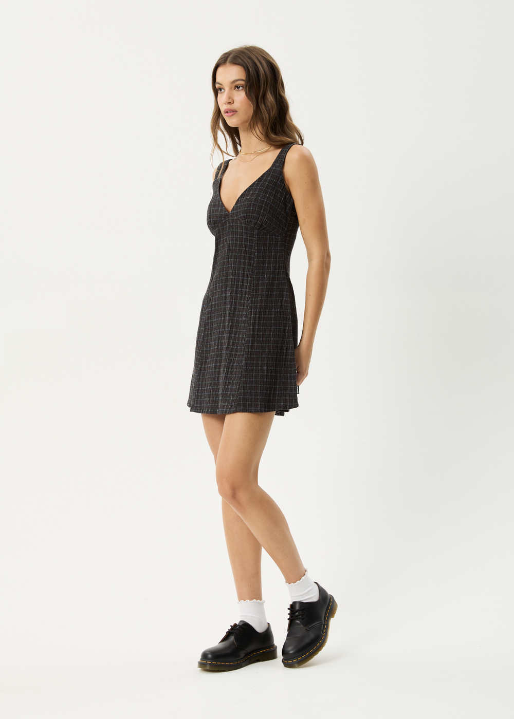 Womens Seersucker Check Mini Dress Dusk - Black Check - AFENDS
