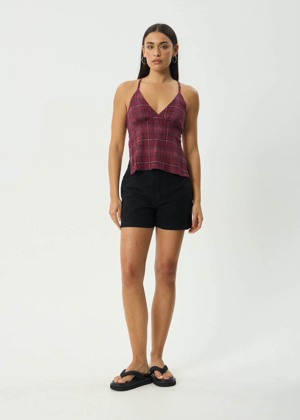Womens Seersucker Check Top Eboni - Port Check - AFENDS