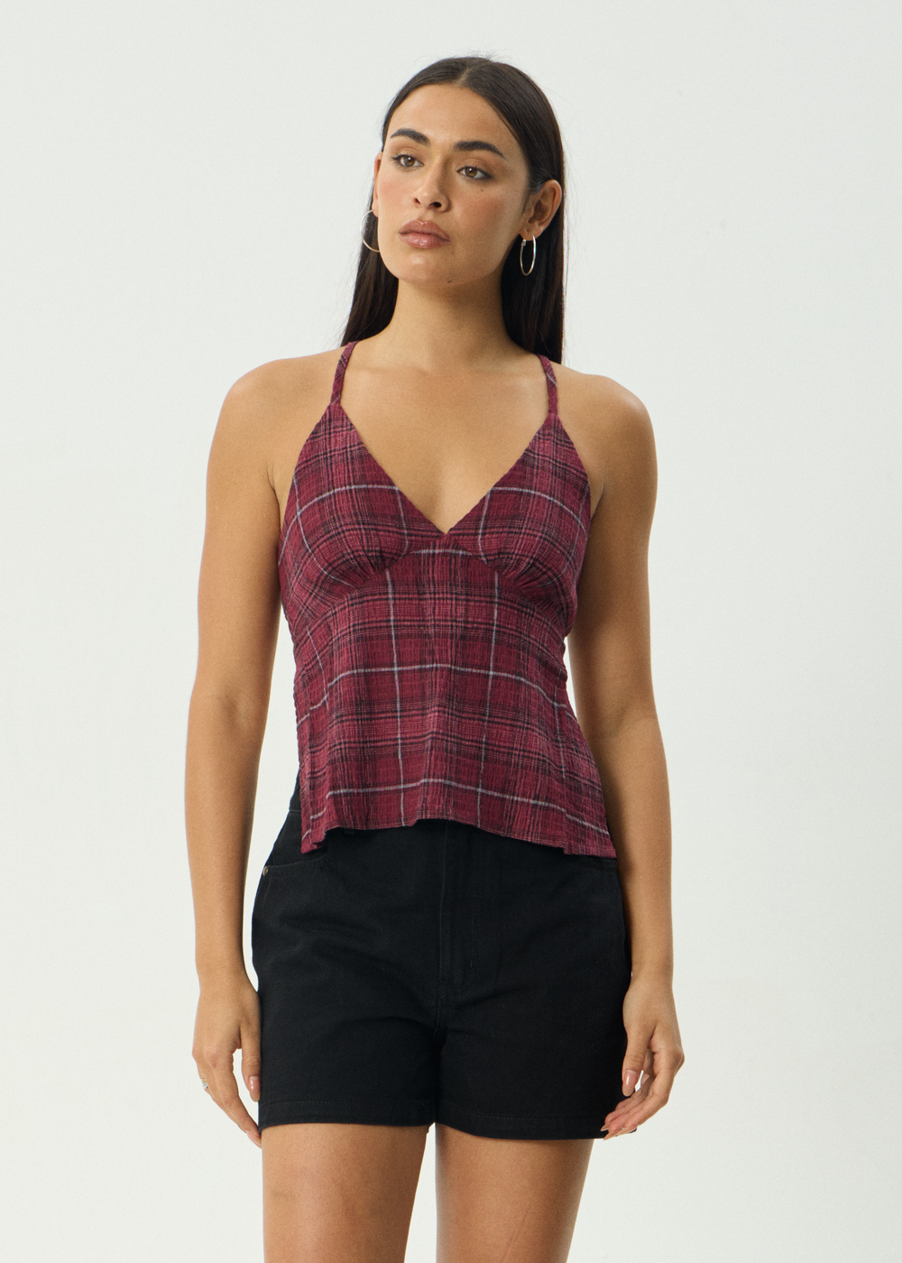Womens Seersucker Check Top Eboni - Port Check - AFENDS