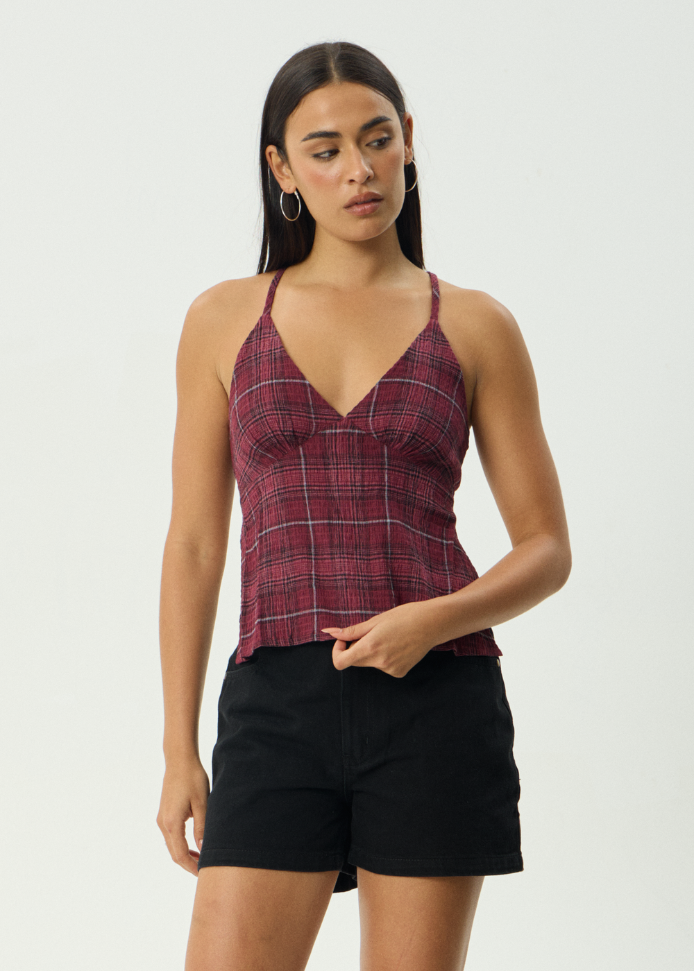 Womens Seersucker Check Top Eboni - Port Check - AFENDS
