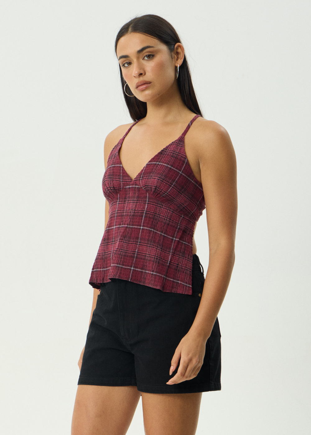 Womens Seersucker Check Top Eboni - Port Check - AFENDS
