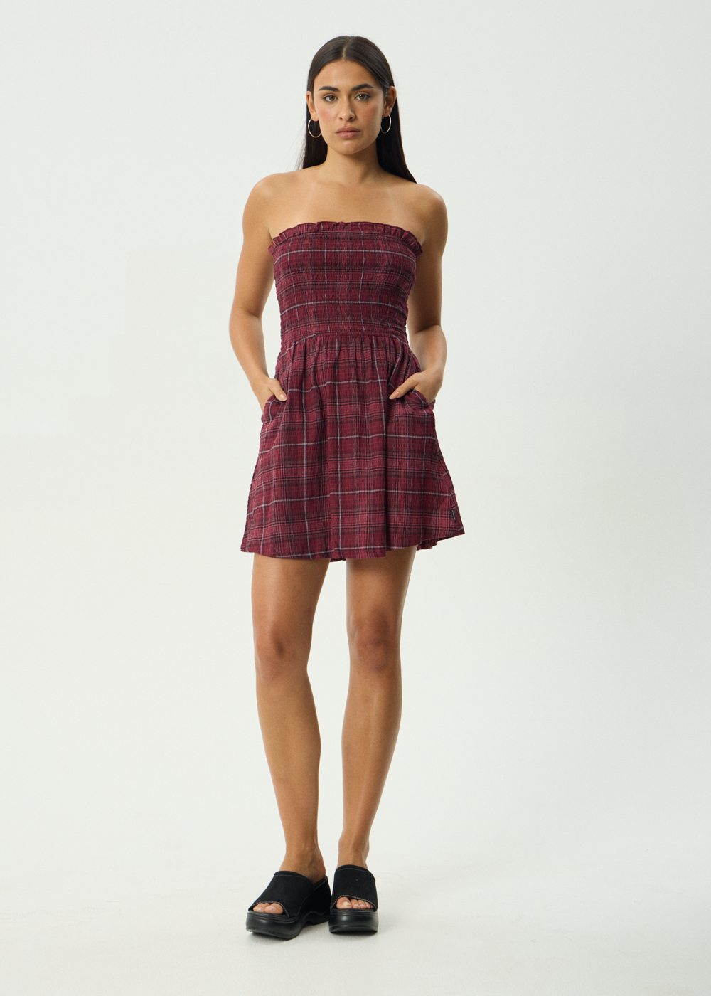 Womens Seersucker Mini Dress Eboni - Port Check - AFENDS