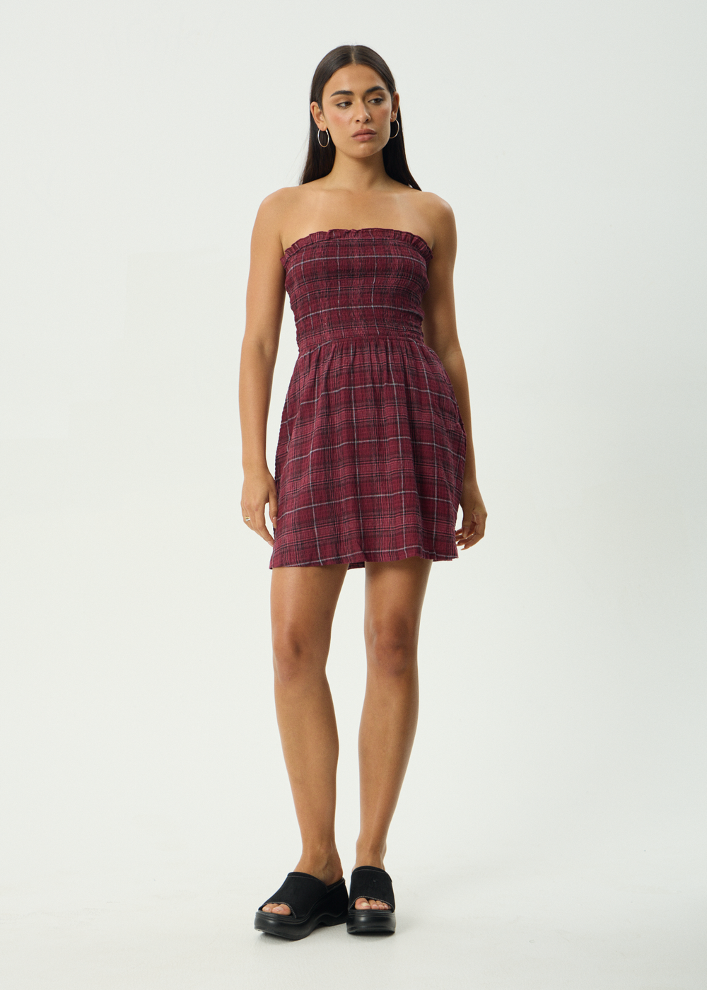 Womens Seersucker Mini Dress Eboni - Port Check - AFENDS