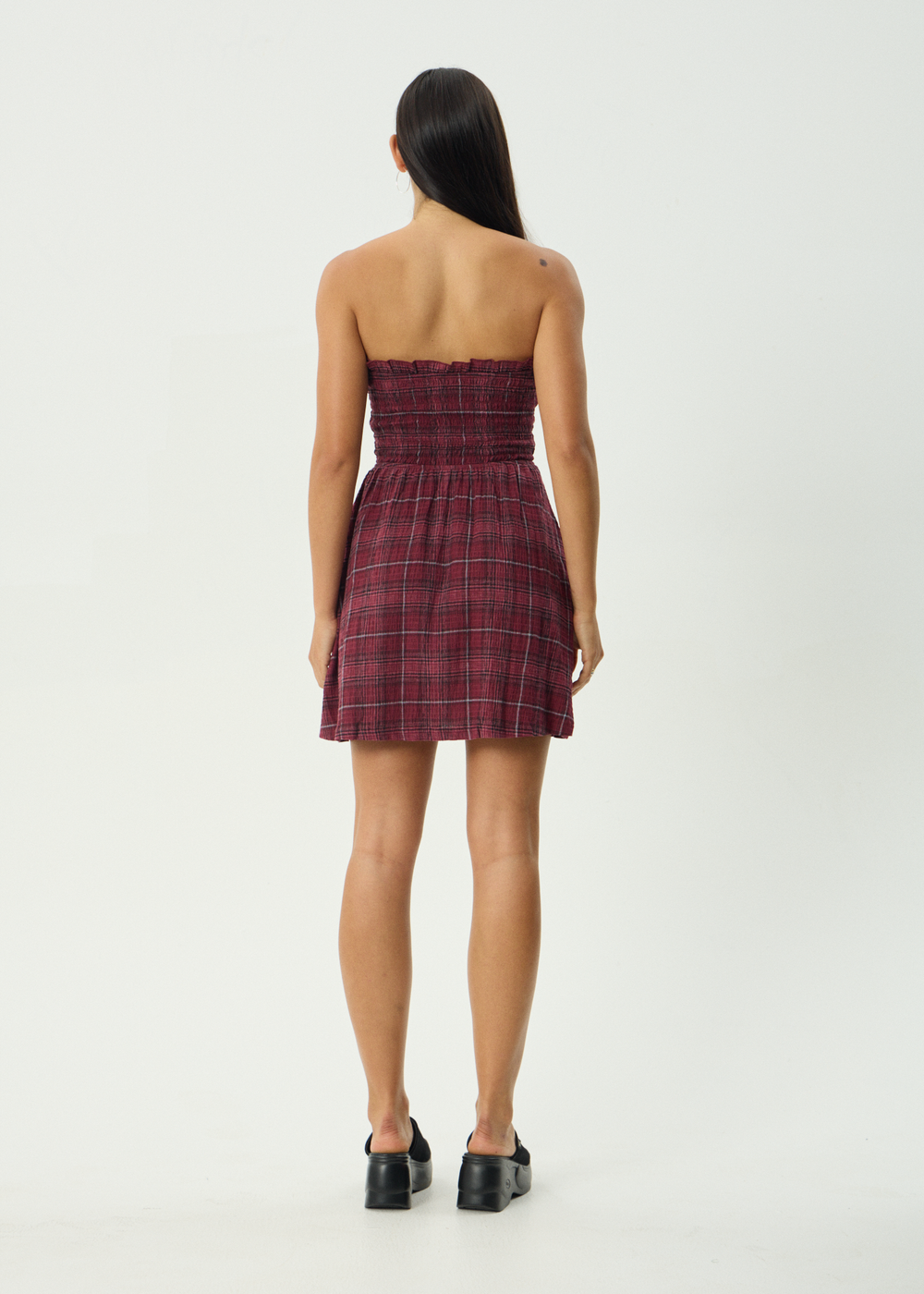 Womens Seersucker Mini Dress Eboni - Port Check - AFENDS