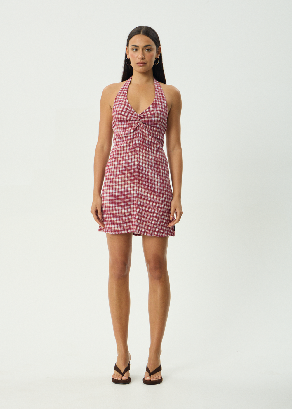 Womens Seersucker Halter Mini Dress Montana - Burgundy Check - AFENDS