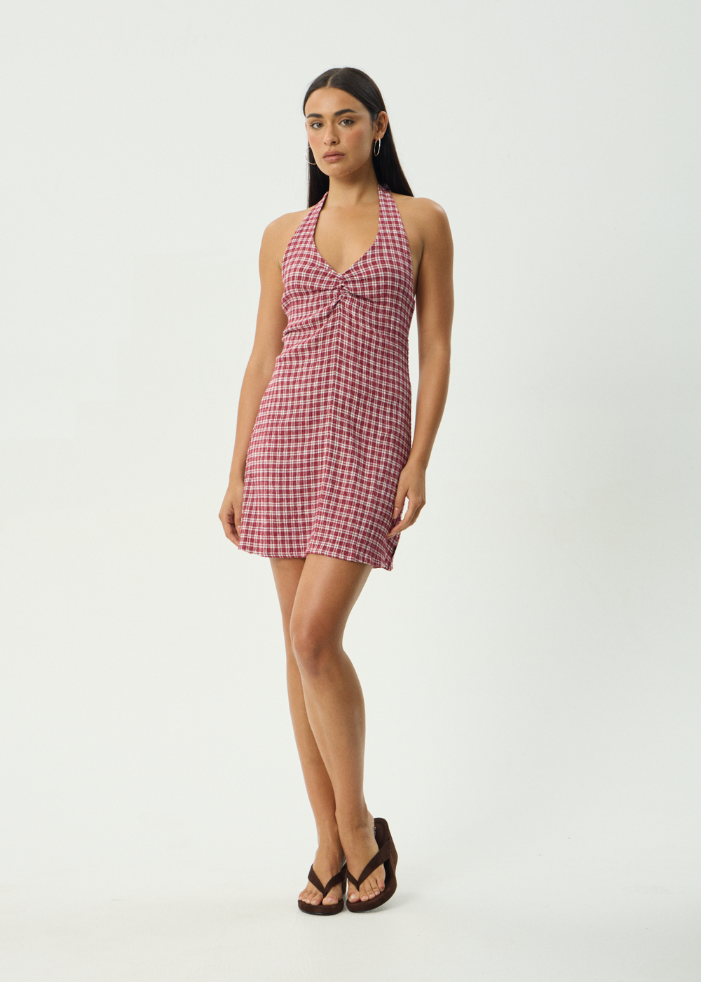 Womens Seersucker Halter Mini Dress Montana - Burgundy Check - AFENDS