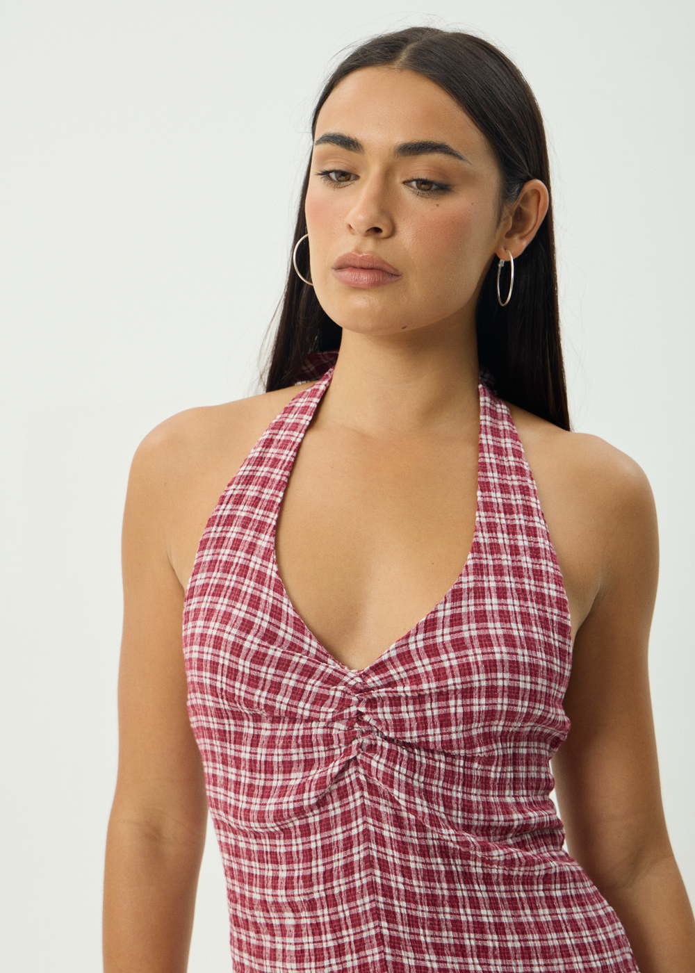 Womens Seersucker Halter Mini Dress Montana - Burgundy Check - AFENDS