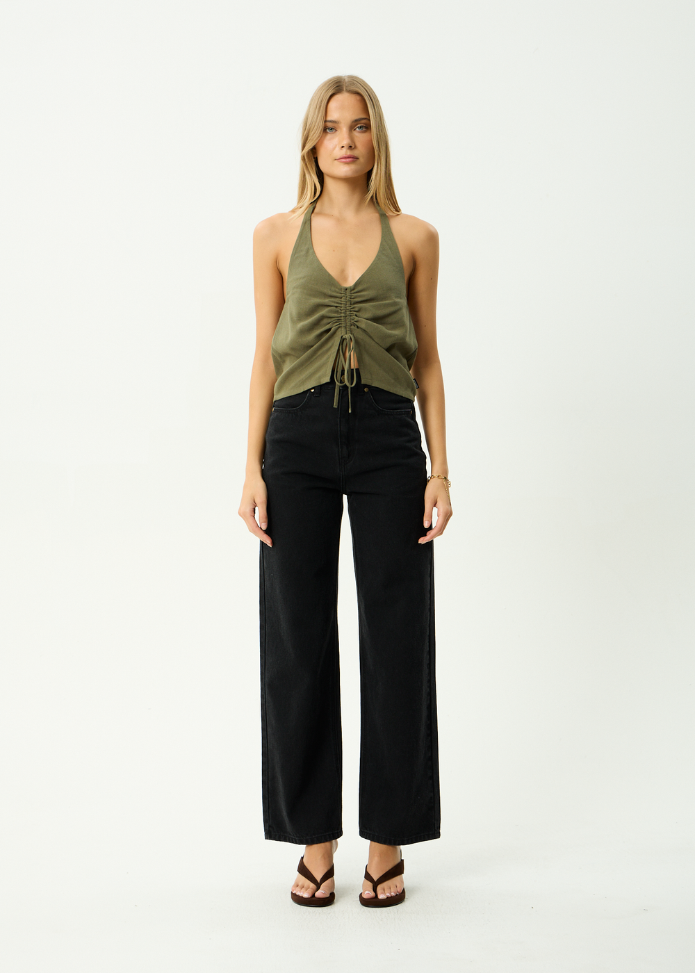 Womens Linen Ruched Top Halle - Deep Olive - AFENDS
