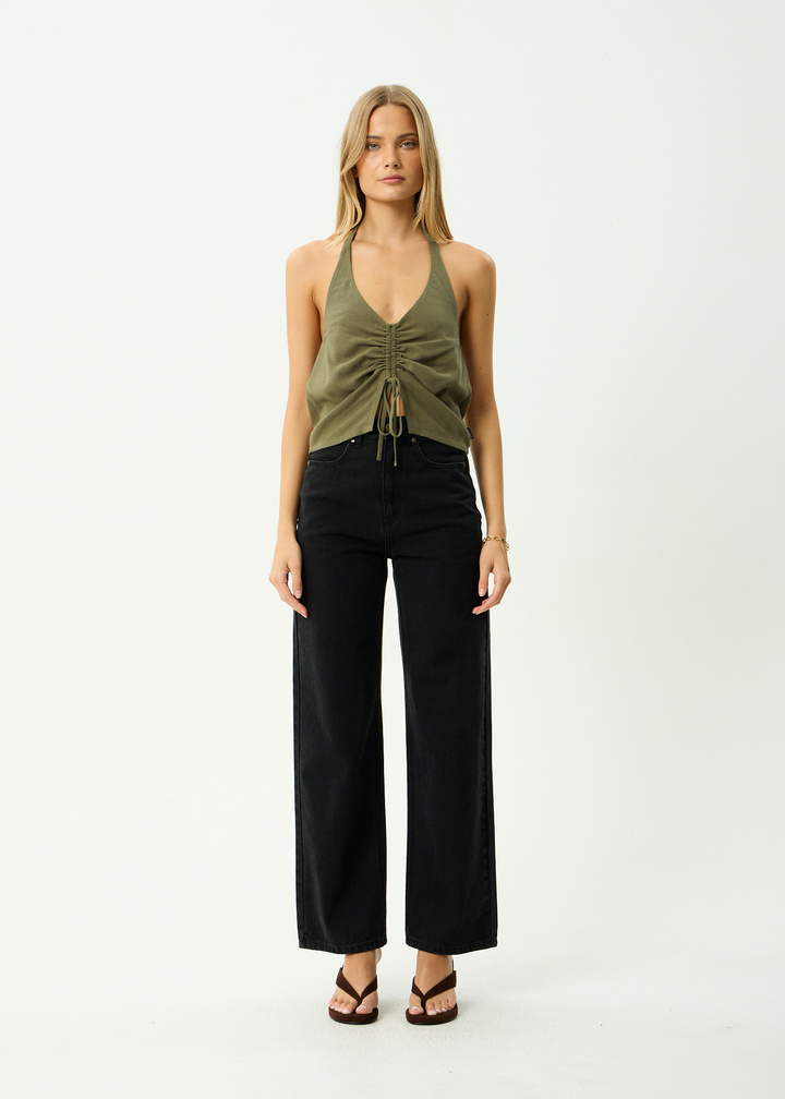 Halle Linen Ruched Top – Deep Olive