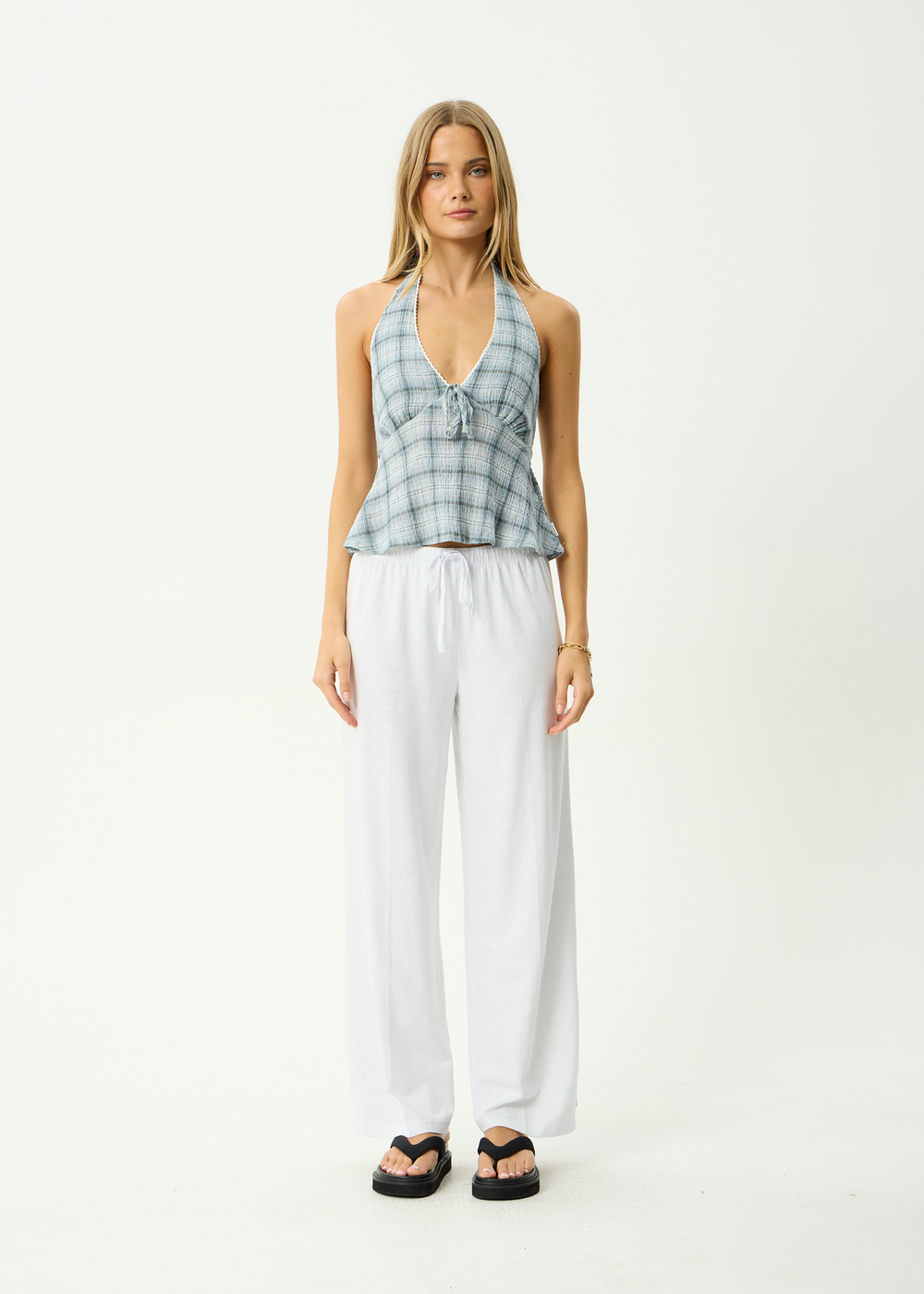 Womens Seersucker Halter Top Lagoon - Overcast Check - AFENDS
