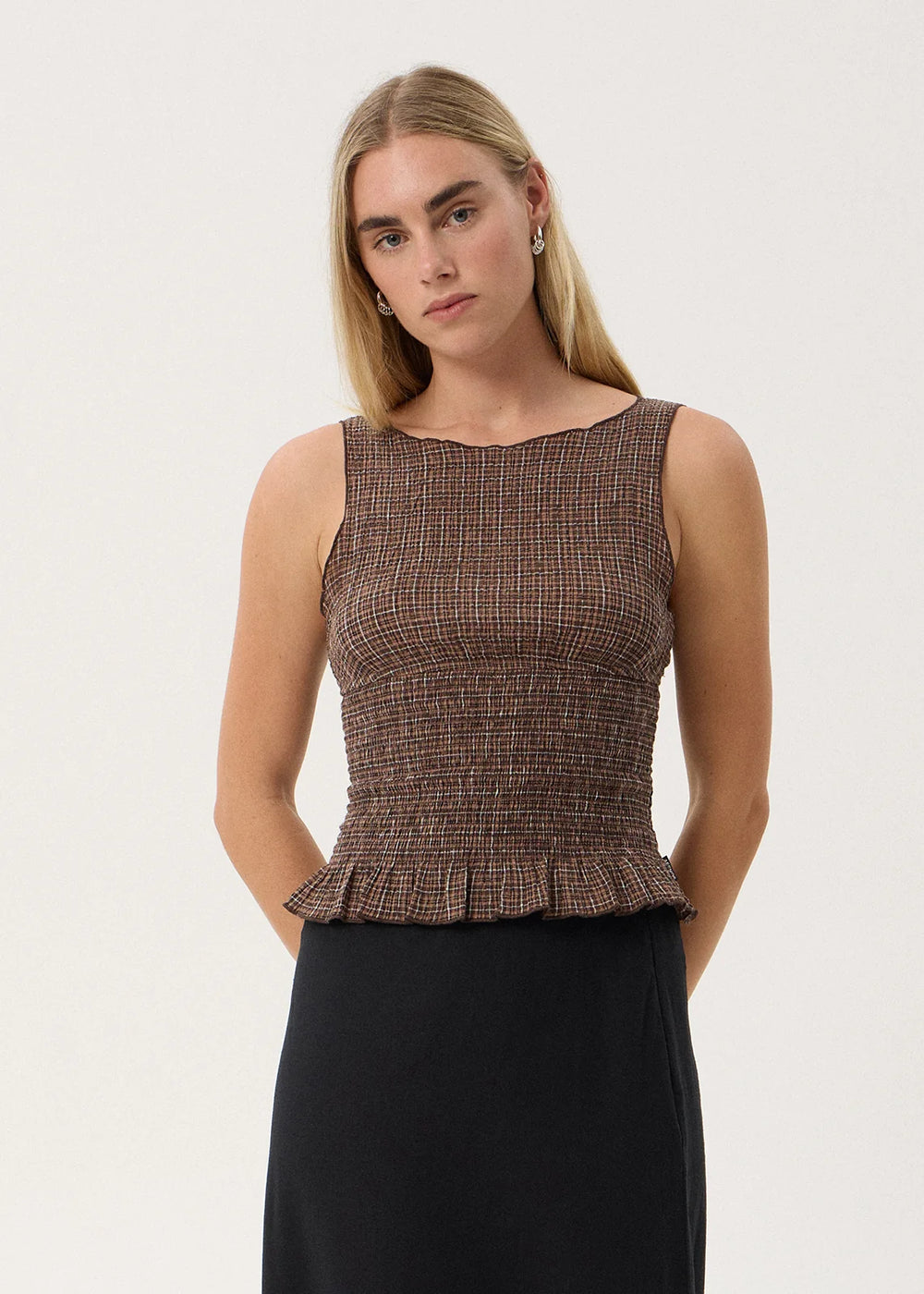 Womens Seersucker Sleeveless Top Cedar - Hometown Check - AFENDS
