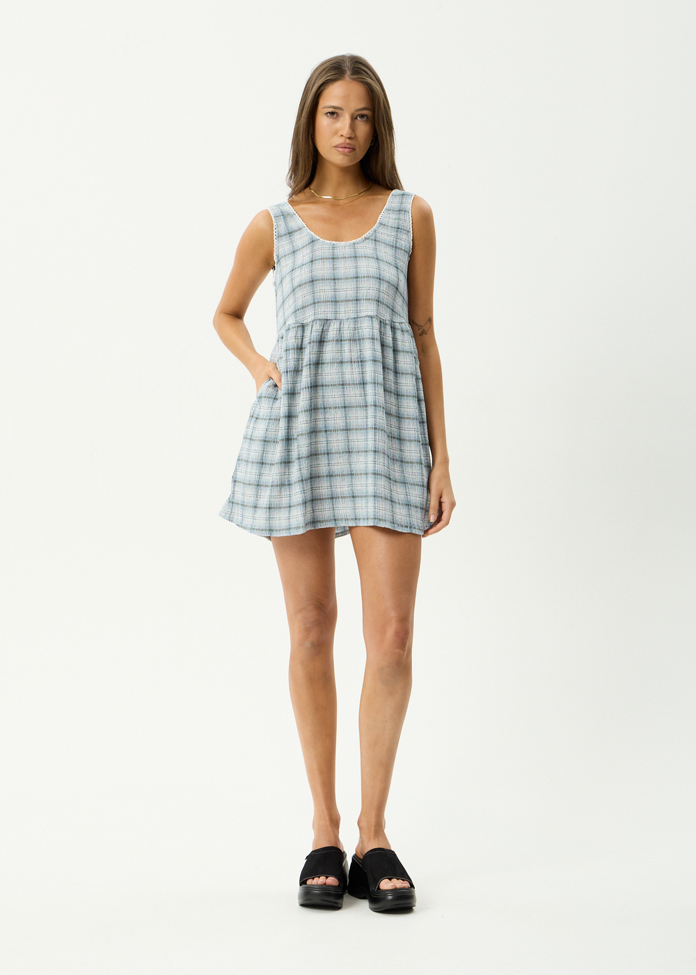 Womens Seersucker Mini Dress Jesse - Overcast Check - AFENDS