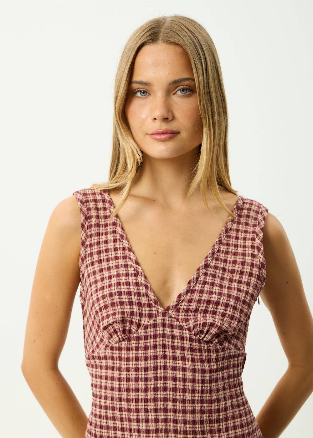 Womens Seersucker Mini Dress Capricorn - Burgundy / Beige Check - AFENDS