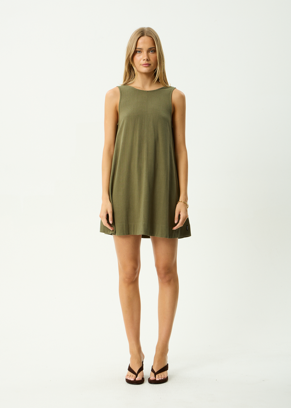 Womens Linen Mini Dress Halle - Deep Olive - AFENDS