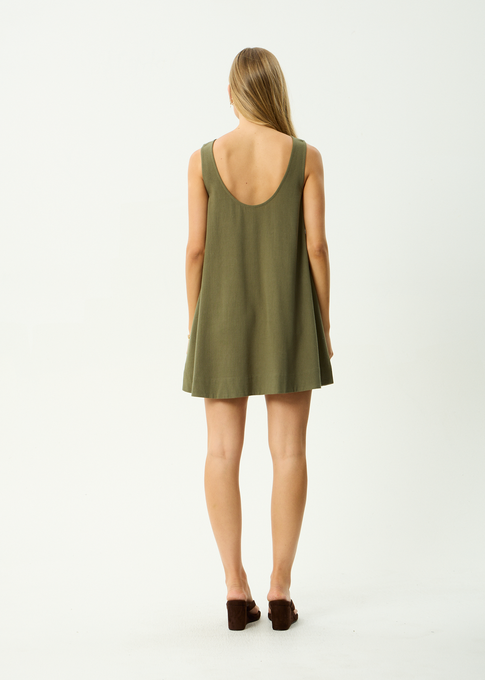Womens Linen Mini Dress Halle - Deep Olive - AFENDS