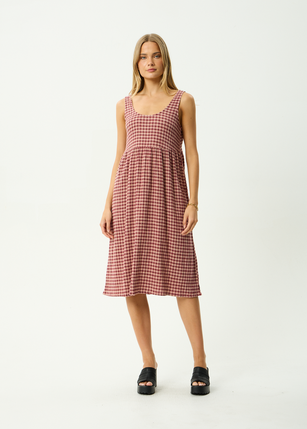 Womens Seersucker Midi Dress Capricorn - Burgundy / Beige Check - AFENDS