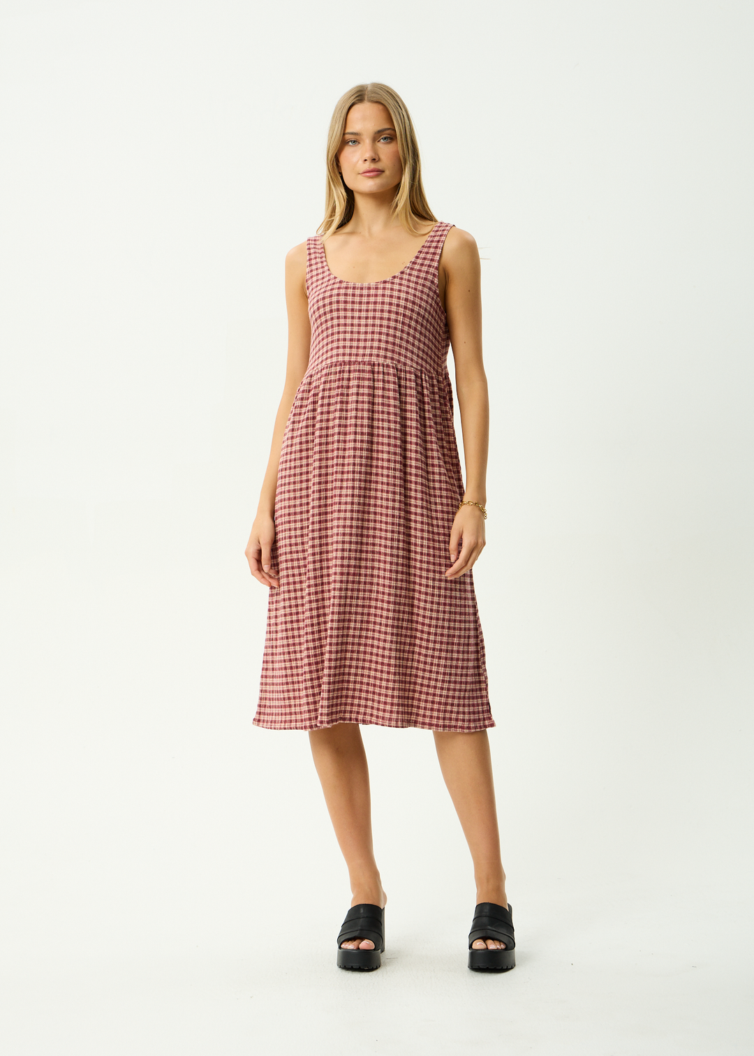 Capricorn Seersucker Midi Dress – Burgundy Check