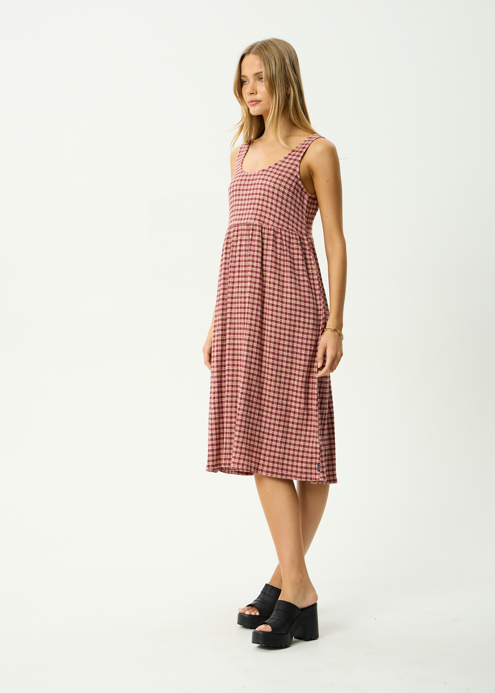 Womens Seersucker Midi Dress Capricorn - Burgundy / Beige Check - AFENDS