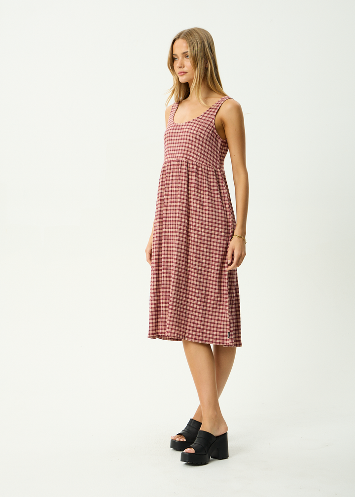 Capricorn Seersucker Midi Dress – Burgundy Check