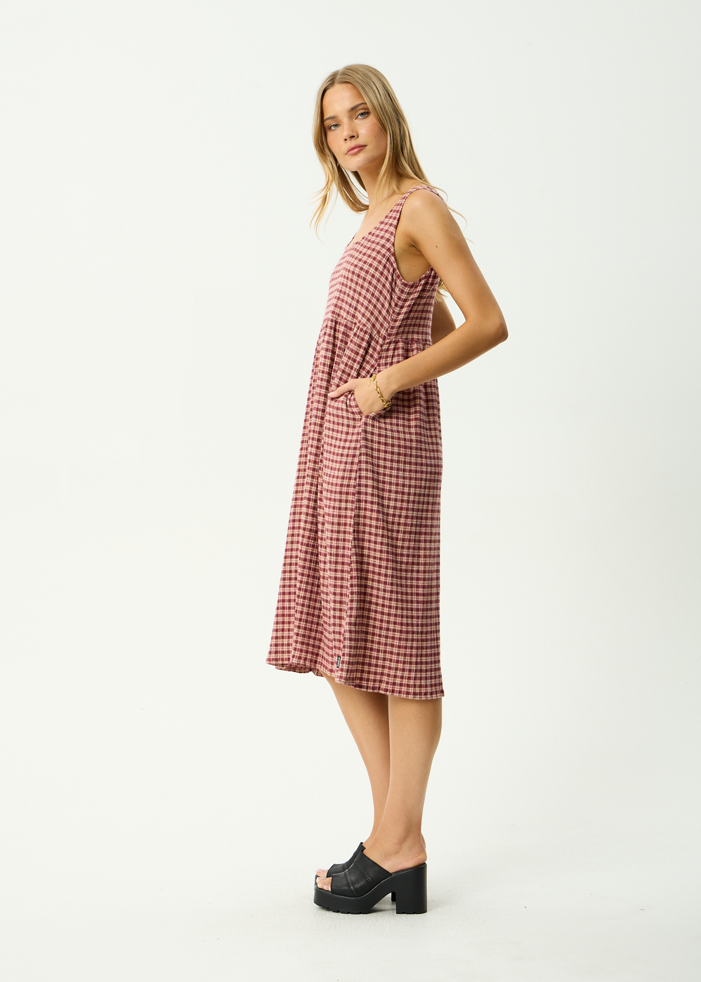 Womens Seersucker Midi Dress Capricorn - Burgundy / Beige Check - AFENDS